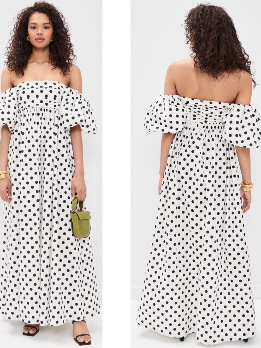 CAROLINE CONSTAS Emilia Ruched Empire Polkadot Off the Shoulder Maxi Dress Sz M